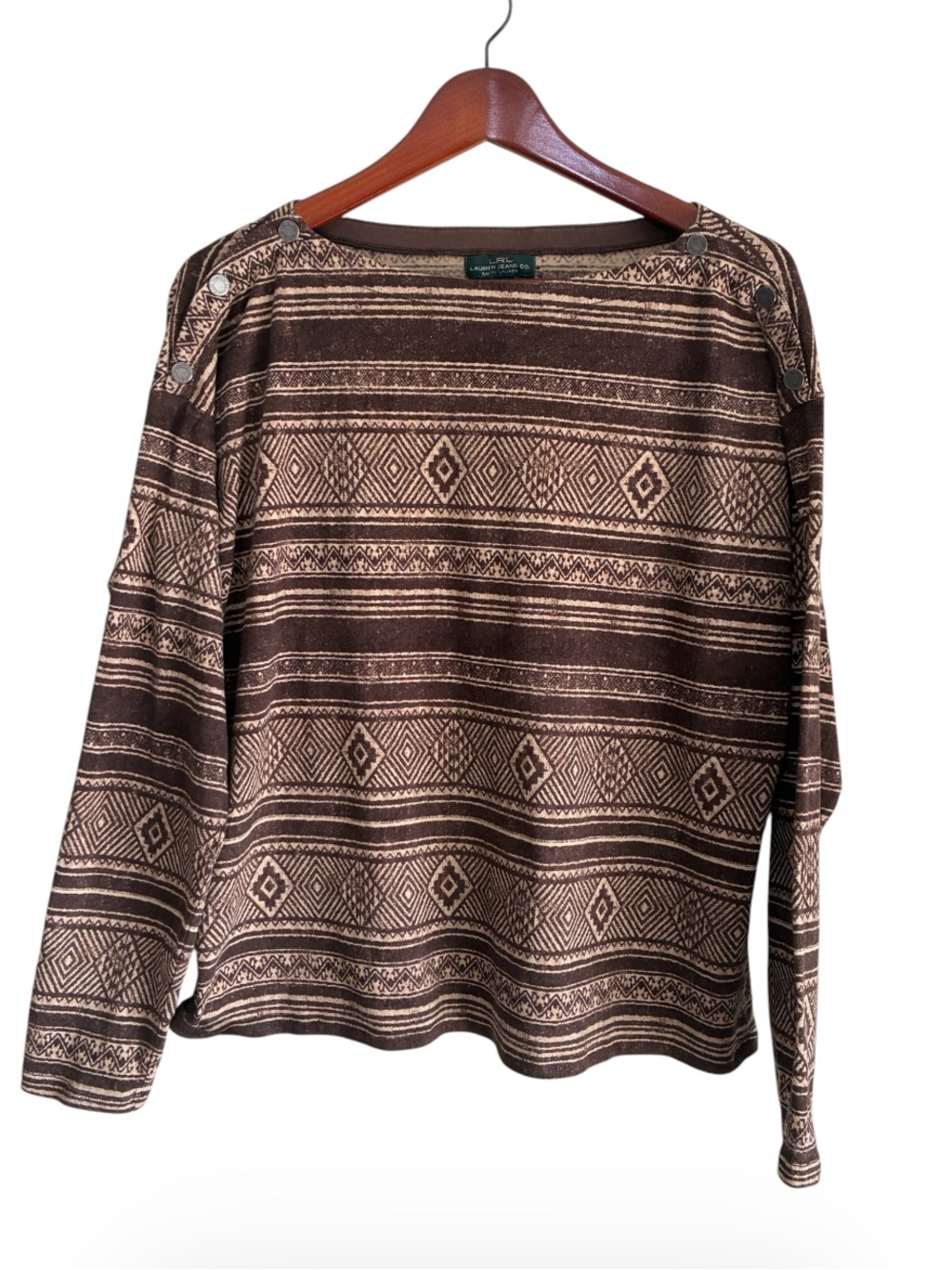 Ralph Lauren LRL Women’s Brown Aztec Print 100% Cotton Top Size XL